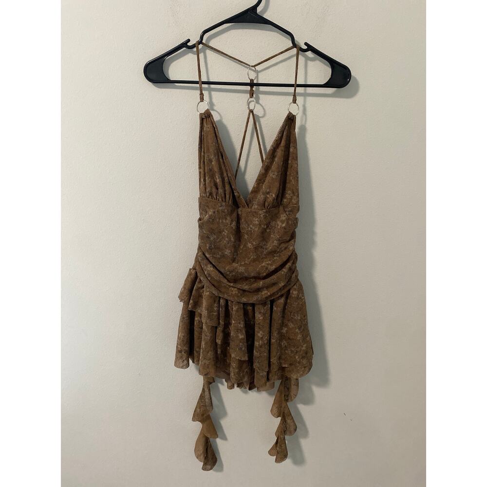 New Windsor Caught Up In Bloom Floral Mesh Ruffle Romper Brown Size XS - Picture 2 of 5